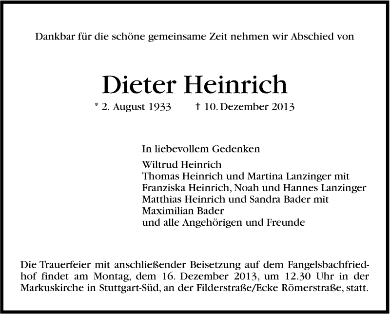  Traueranzeige für Dieter Heinrich vom 12.12.2013 aus Stuttgarter Zeitung / Stuttgarter Nachrichten