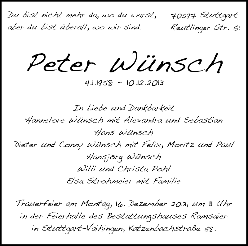  Traueranzeige für Peter Wünsch vom 12.12.2013 aus Stuttgarter Zeitung / Stuttgarter Nachrichten
