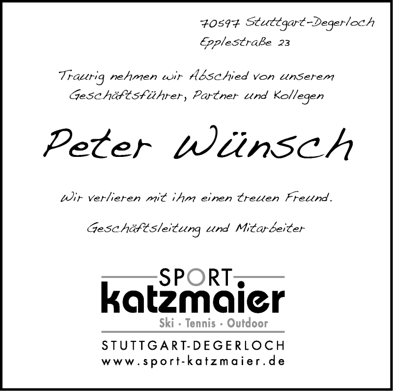  Traueranzeige für Peter Wünsch vom 12.12.2013 aus Stuttgarter Zeitung / Stuttgarter Nachrichten