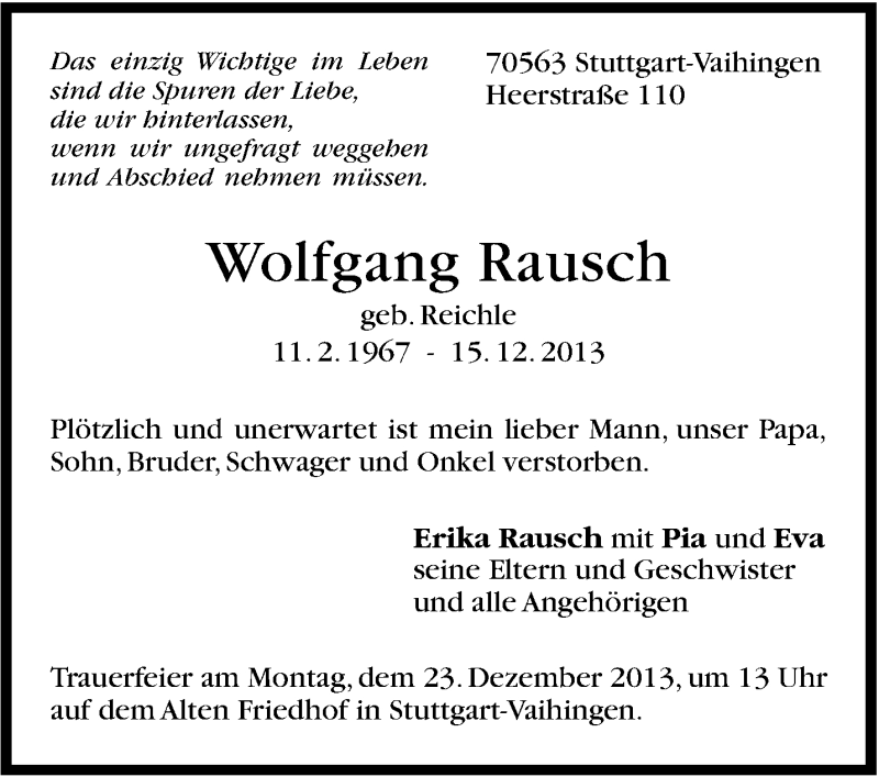  Traueranzeige für Wolfgang Rausch vom 18.12.2013 aus Stuttgarter Zeitung / Stuttgarter Nachrichten