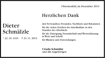 Traueranzeige von Dieter Schmälzle von Marbacher Zeitung