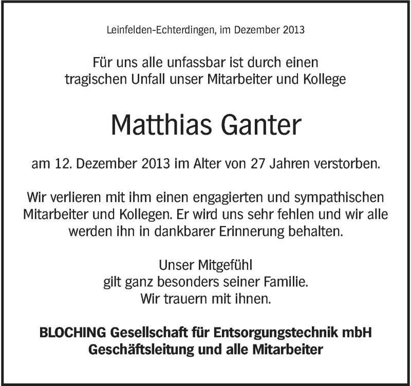  Traueranzeige für Matthias Ganter vom 19.12.2013 aus Stuttgarter Zeitung / Stuttgarter Nachrichten