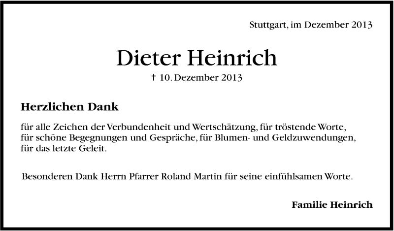 Traueranzeige für Dieter Heinrich vom 19.12.2013 aus Stuttgarter Zeitung / Stuttgarter Nachrichten