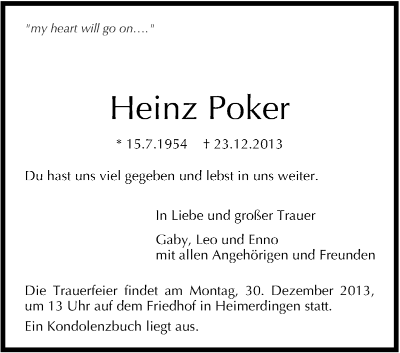  Traueranzeige für Heinz Poker vom 27.12.2013 aus Stuttgarter Zeitung / Stuttgarter Nachrichten