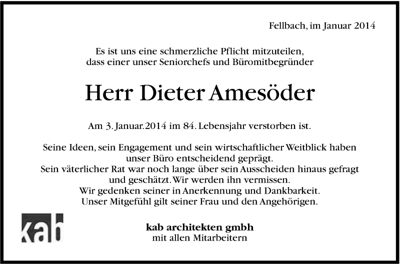  Traueranzeige für Dieter Amesöder vom 08.01.2014 aus Stuttgarter Zeitung / Stuttgarter Nachrichten