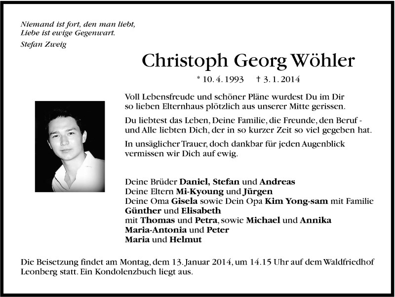  Traueranzeige für Christoph Georg Wöhler vom 09.01.2014 aus Stuttgarter Zeitung / Stuttgarter Nachrichten