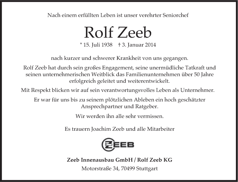  Traueranzeige für Rolf Zeeb vom 09.01.2014 aus Stuttgarter Zeitung / Stuttgarter Nachrichten