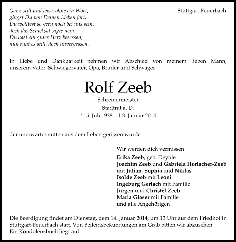  Traueranzeige für Rolf Zeeb vom 09.01.2014 aus Stuttgarter Zeitung / Stuttgarter Nachrichten