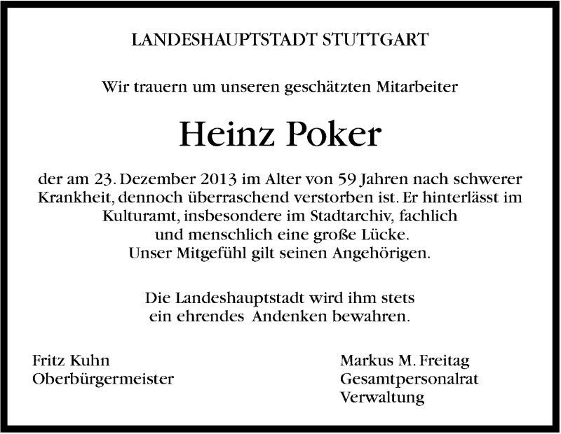  Traueranzeige für Heinz Poker vom 11.01.2014 aus Stuttgarter Zeitung / Stuttgarter Nachrichten