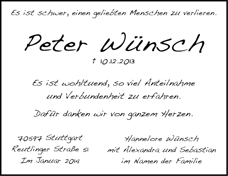  Traueranzeige für Peter Wünsch vom 11.01.2014 aus Stuttgarter Zeitung / Stuttgarter Nachrichten