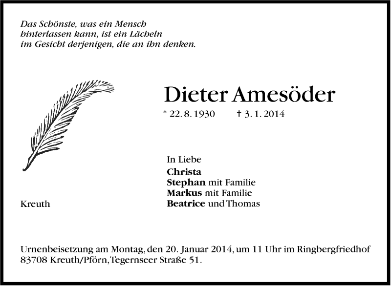  Traueranzeige für Dieter Amesöder vom 14.01.2014 aus Stuttgarter Zeitung / Stuttgarter Nachrichten