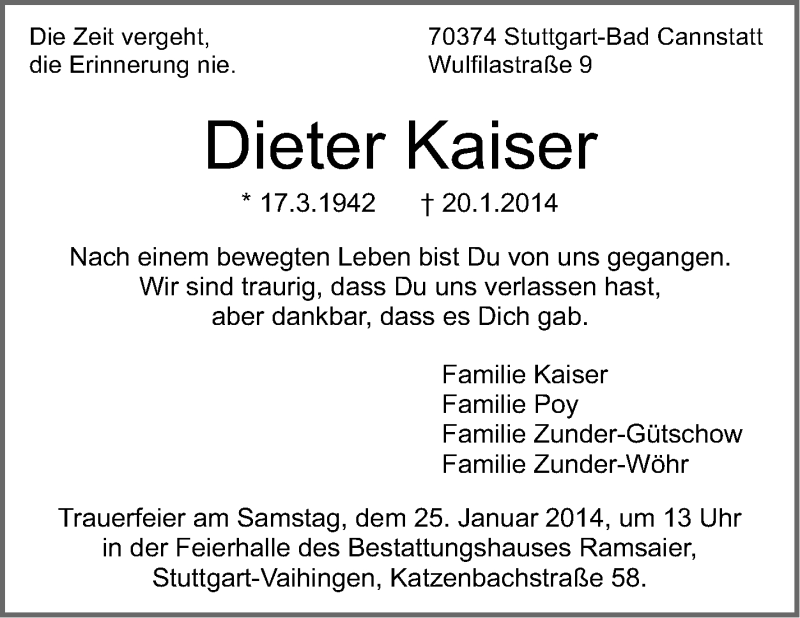  Traueranzeige für Dieter Kaiser vom 24.01.2014 aus Stuttgarter Zeitung / Stuttgarter Nachrichten