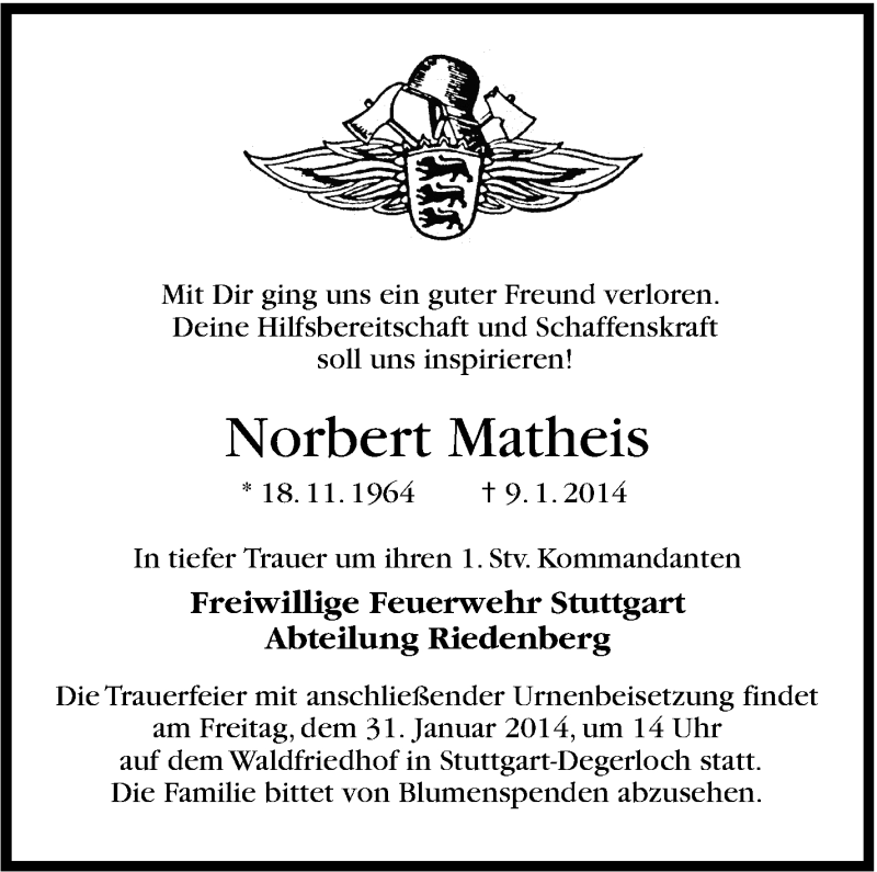  Traueranzeige für Norbert Matheis vom 27.01.2014 aus Stuttgarter Zeitung / Stuttgarter Nachrichten