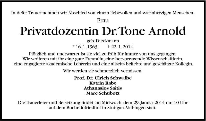  Traueranzeige für Tone Arnold vom 27.01.2014 aus Stuttgarter Zeitung / Stuttgarter Nachrichten