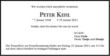 Traueranzeige von Peter Kehl von Stuttgarter Zeitung / Stuttgarter Nachrichten
