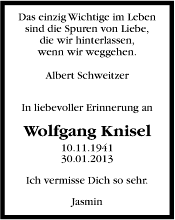 Traueranzeige von Wolfgang Knisel von Stuttgarter Zeitung / Stuttgarter Nachrichten