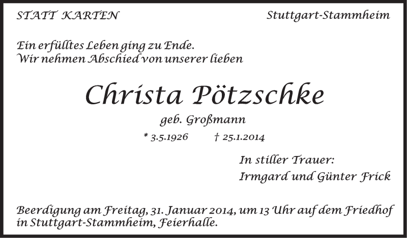  Traueranzeige für Christa Tötzschke vom 29.01.2014 aus Stuttgarter Zeitung / Stuttgarter Nachrichten