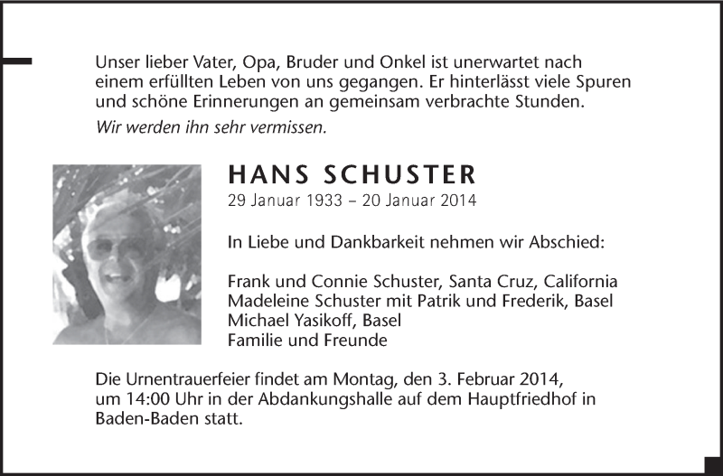  Traueranzeige für Hans Schuster vom 29.01.2014 aus Stuttgarter Zeitung / Stuttgarter Nachrichten