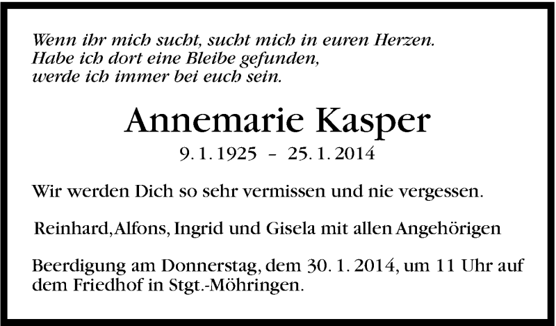  Traueranzeige für Annemarie Kasper vom 29.01.2014 aus Stuttgarter Zeitung / Stuttgarter Nachrichten