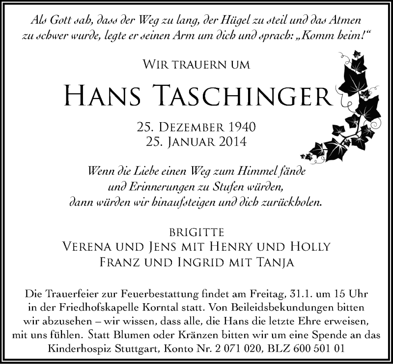  Traueranzeige für Hans Taschinger vom 29.01.2014 aus Stuttgarter Zeitung / Stuttgarter Nachrichten