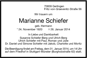 Traueranzeige von Marianne Schiefer von Stuttgarter Zeitung / Stuttgarter Nachrichten