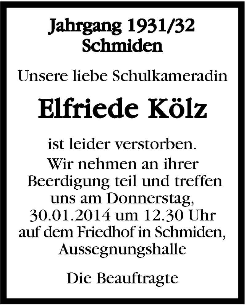  Traueranzeige für Elfriede Kölz vom 29.01.2014 aus Stuttgarter Zeitung / Stuttgarter Nachrichten