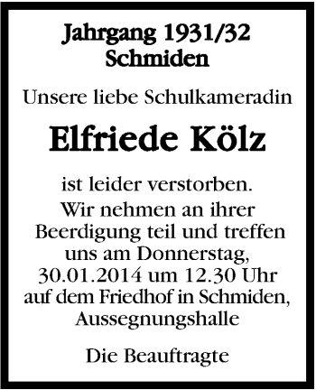 Traueranzeige von Elfriede Kölz von Stuttgarter Zeitung / Stuttgarter Nachrichten
