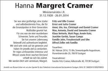 Traueranzeige von Hanna Margret Cramer von Stuttgarter Zeitung / Stuttgarter Nachrichten