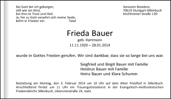 Traueranzeige von Frieda Bauer von Stuttgarter Zeitung / Stuttgarter Nachrichten