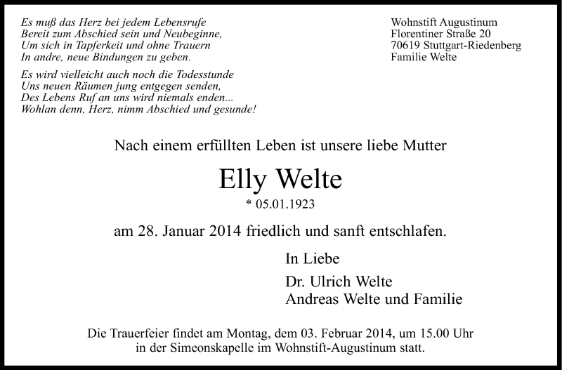 Traueranzeige für Elly Welte vom 31.01.2014 aus Stuttgarter Zeitung / Stuttgarter Nachrichten