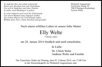 Traueranzeige von Elly Welte von Stuttgarter Zeitung / Stuttgarter Nachrichten