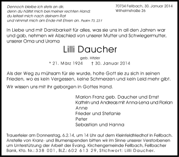 Traueranzeige von Lilli Daucher von Stuttgarter Zeitung / Stuttgarter Nachrichten