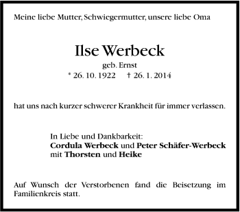 Traueranzeige von Ilse Werbeck von Stuttgarter Zeitung / Stuttgarter Nachrichten