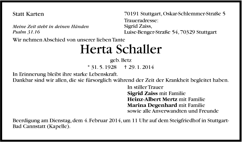  Traueranzeige für Herta Schaller vom 01.02.2014 aus Stuttgarter Zeitung / Stuttgarter Nachrichten
