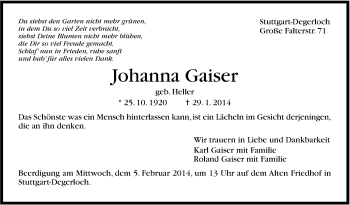 Traueranzeige von Johanna Gaiser von Stuttgarter Zeitung / Stuttgarter Nachrichten