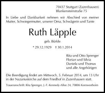 Traueranzeige von Ruth Läpple von Stuttgarter Zeitung / Stuttgarter Nachrichten