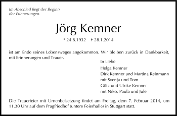 Traueranzeige von Jörg Kemner von Stuttgarter Zeitung / Stuttgarter Nachrichten