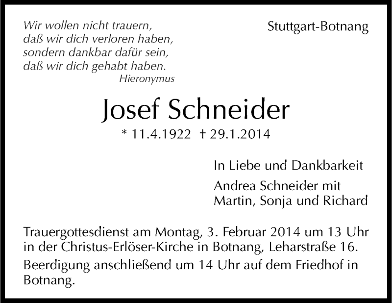 Traueranzeige für Josef Schneider vom 01.02.2014 aus Stuttgarter Zeitung / Stuttgarter Nachrichten