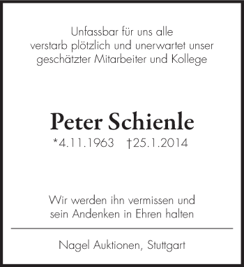 Traueranzeige von Peter Hugo Schienle von Stuttgarter Zeitung / Stuttgarter Nachrichten