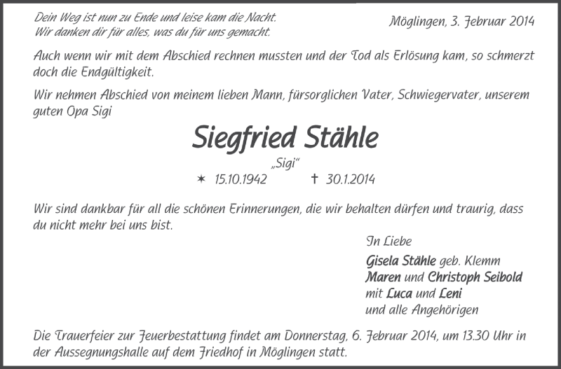  Traueranzeige für Siegfried Stähle vom 03.02.2014 aus Stuttgarter Zeitung / Stuttgarter Nachrichten