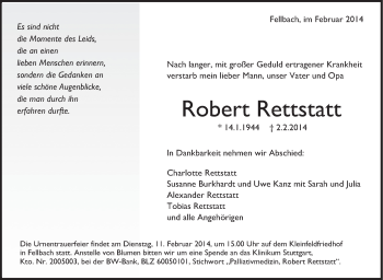 Traueranzeige von Robert Rettstatt von Stuttgarter Zeitung / Stuttgarter Nachrichten