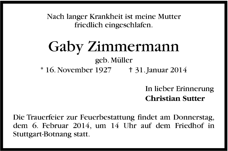  Traueranzeige für Gaby Zimmermann vom 04.02.2014 aus Stuttgarter Zeitung / Stuttgarter Nachrichten