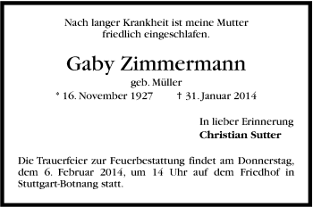 Traueranzeige von Gaby Zimmermann von Stuttgarter Zeitung / Stuttgarter Nachrichten