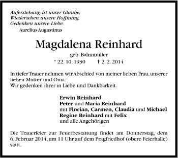 Traueranzeige von Magdalena Reinhard von Stuttgarter Zeitung / Stuttgarter Nachrichten