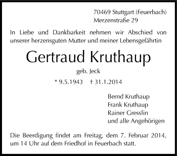 Traueranzeige von Gertraud Kruthaup von Stuttgarter Zeitung / Stuttgarter Nachrichten