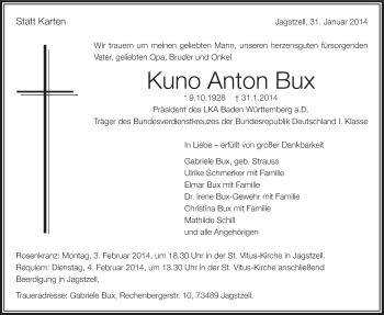 Traueranzeige von Kuno Anton Bux von Stuttgarter Zeitung / Stuttgarter Nachrichten