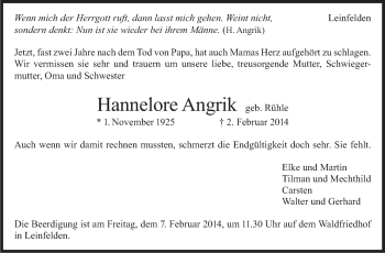 Traueranzeige von Hannelore Angrik von Stuttgarter Zeitung / Stuttgarter Nachrichten