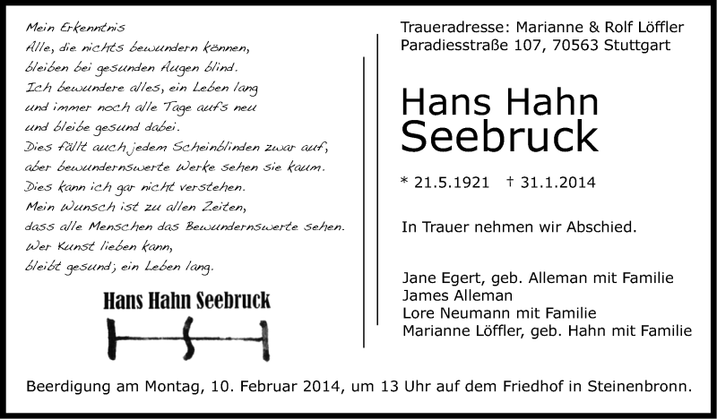  Traueranzeige für Hans Hahn Seebruck vom 05.02.2014 aus Stuttgarter Zeitung / Stuttgarter Nachrichten