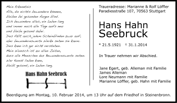 Traueranzeige von Hans Hahn Seebruck von Stuttgarter Zeitung / Stuttgarter Nachrichten