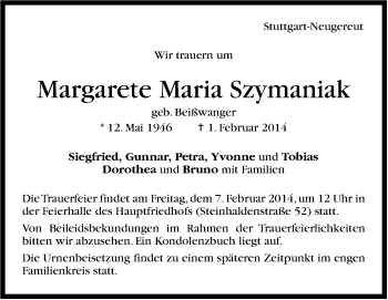 Traueranzeige von Margarete Maria Szymaniak von Stuttgarter Zeitung / Stuttgarter Nachrichten